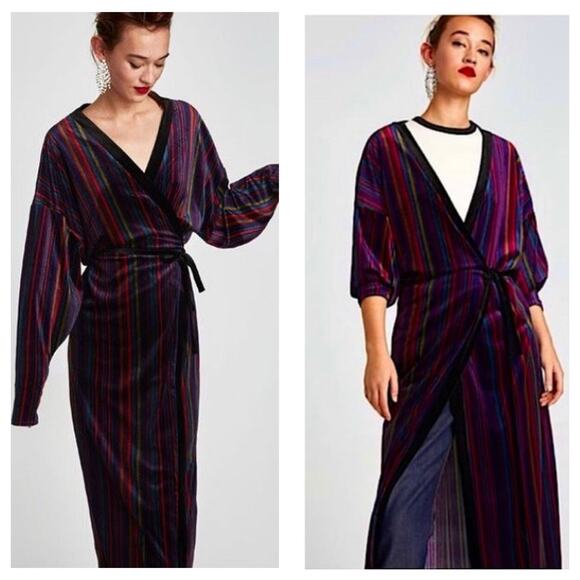 Zara Dresses & Skirts - ZARA Velvet Kimono Stripe Wrap Maxi Dress Size Small Purple Multi Striped Boho